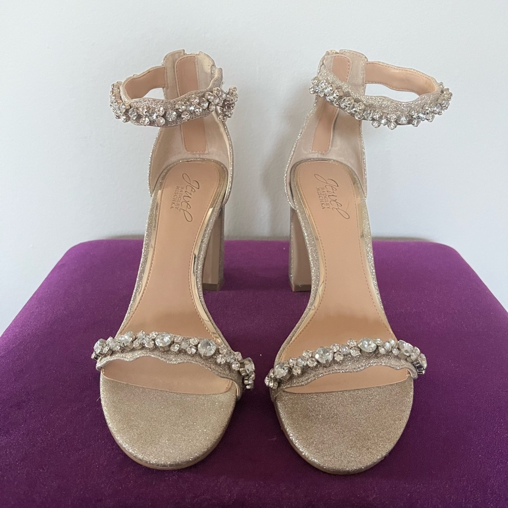 Badgley Mischka Gold Heels with Rhinestone Embellishments